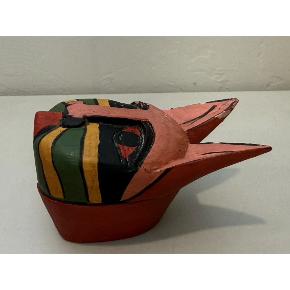 Vintage‎ Folk Art Cat Hand Carved Wood Trinket Box Multicolor Kitty